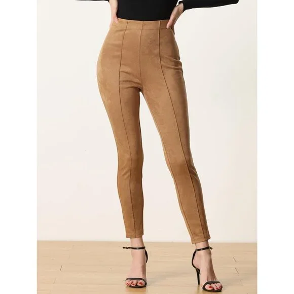 Brown High-Waisted Stretch Leggings in Faux Suede - Perfect for Work & Play